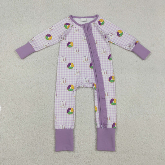 LR2783 Donut Boots Print Baby Girls Mardi Gras Sleeper Zipper Romper