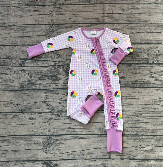 (Pre-order)LR2783 Donut Boots Print Baby Girls Mardi Gras Sleeper Zipper Romper