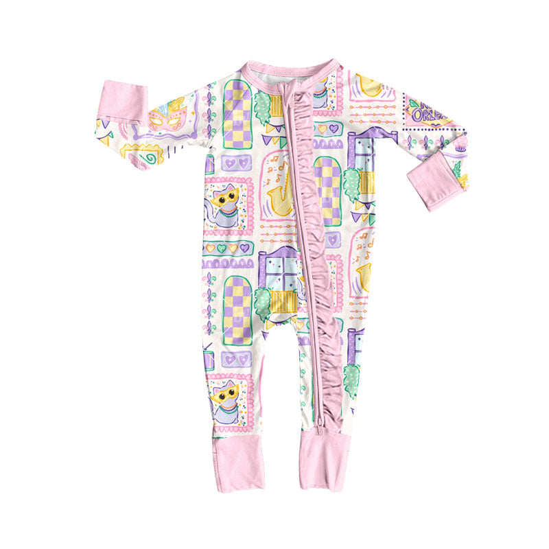 (Pre-order)LR2785 Mask Plaid Pink Print Baby Girls Mardi Gras Sleeper Zipper Romper