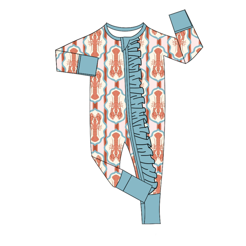 (Pre-order)LR2788 Crayfish Stripes Print Baby Girls Sleeper Zipper Romper