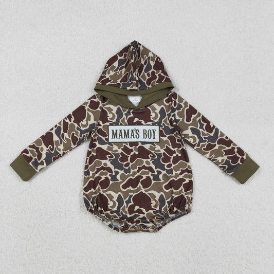 LR2791 MAMA'S BOY Embroidery Brown Camo Print Baby Boys Hoodie Romper