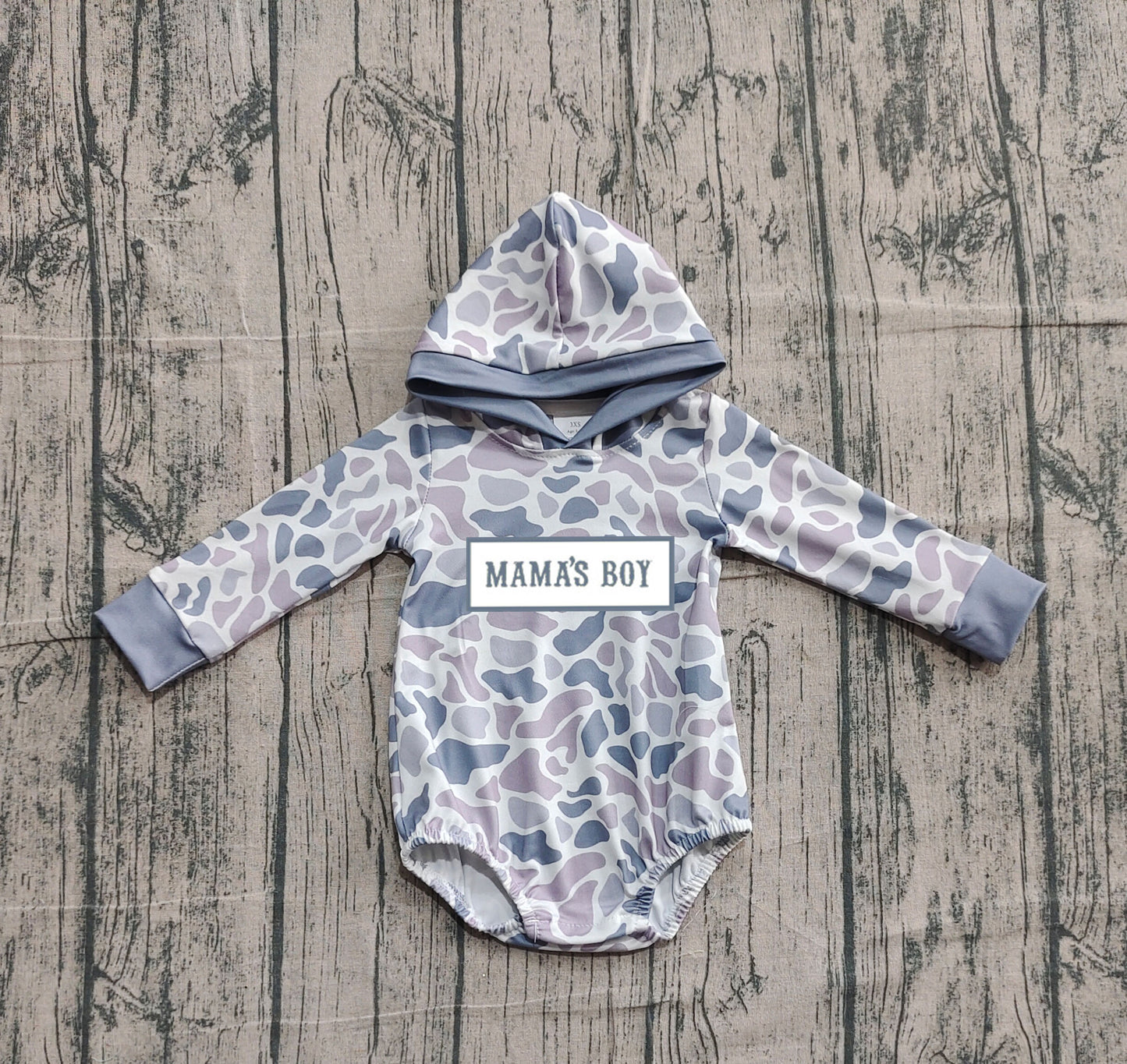 (Pre-order)LR2794 MAMA'S BOY Grey Camo Print Baby Boys Hoodie Romper