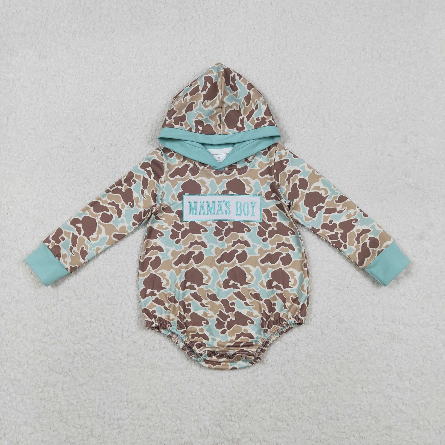 LR2795 MAMA'S BOY Embroidery Brown Blue Camo Print Baby Boys Hoodie Romper