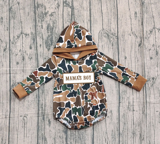 (Pre-order)LR2796 MAMA'S BOY Brown Camo Print Baby Boys Hoodie Romper