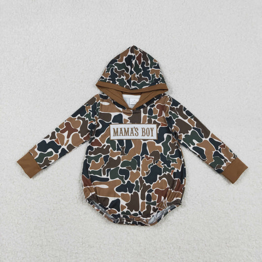 LR2796 MAMA'S BOY Embroidery Brown Camo Print Baby Boys Hoodie Romper
