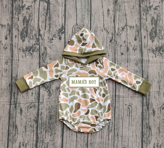 (Pre-order)LR2798 MAMA'S BOY Green Orange Camo Print Baby Boys Hoodie Romper