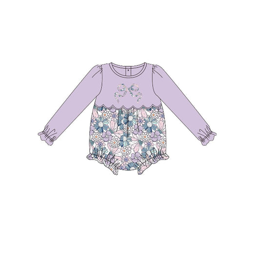 (Pre-order)LR2806 Flowers Bow Purple Print Baby Girls Bubble Romper