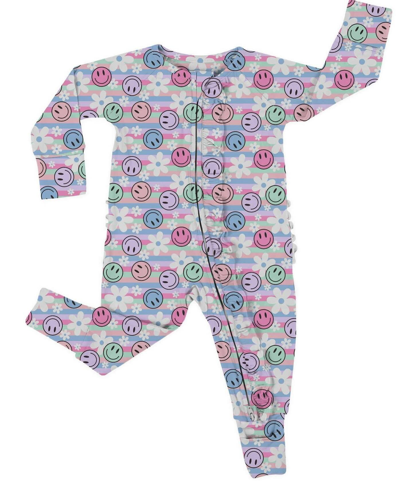 (Pre-order)LR2808 Smiling Face Flowers Stripes Print Baby Girls Zipper Sleeper Romper