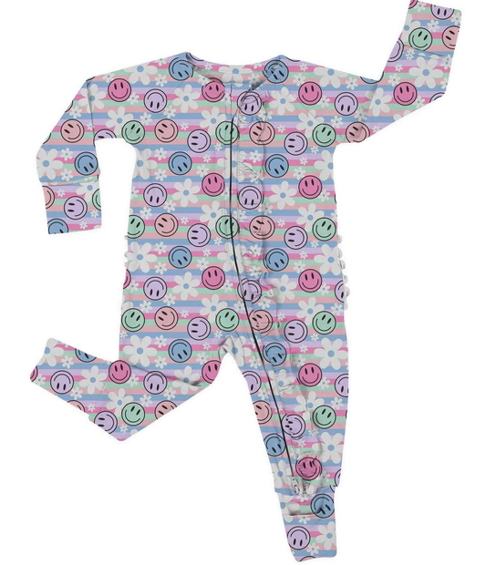(Pre-order)LR2808 Smiling Face Flowers Stripes Print Baby Girls Zipper Sleeper Romper