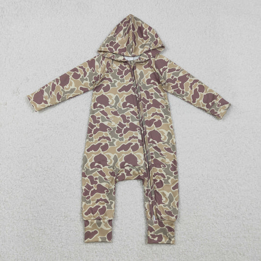 LR2812 Brown Camo Print Baby Boys Hoodie Zipper Romper