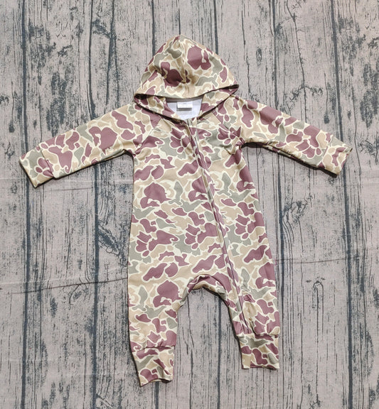 (Pre-order)LR2812 Brown Camo Print Baby Boys Hoodie Zipper Romper
