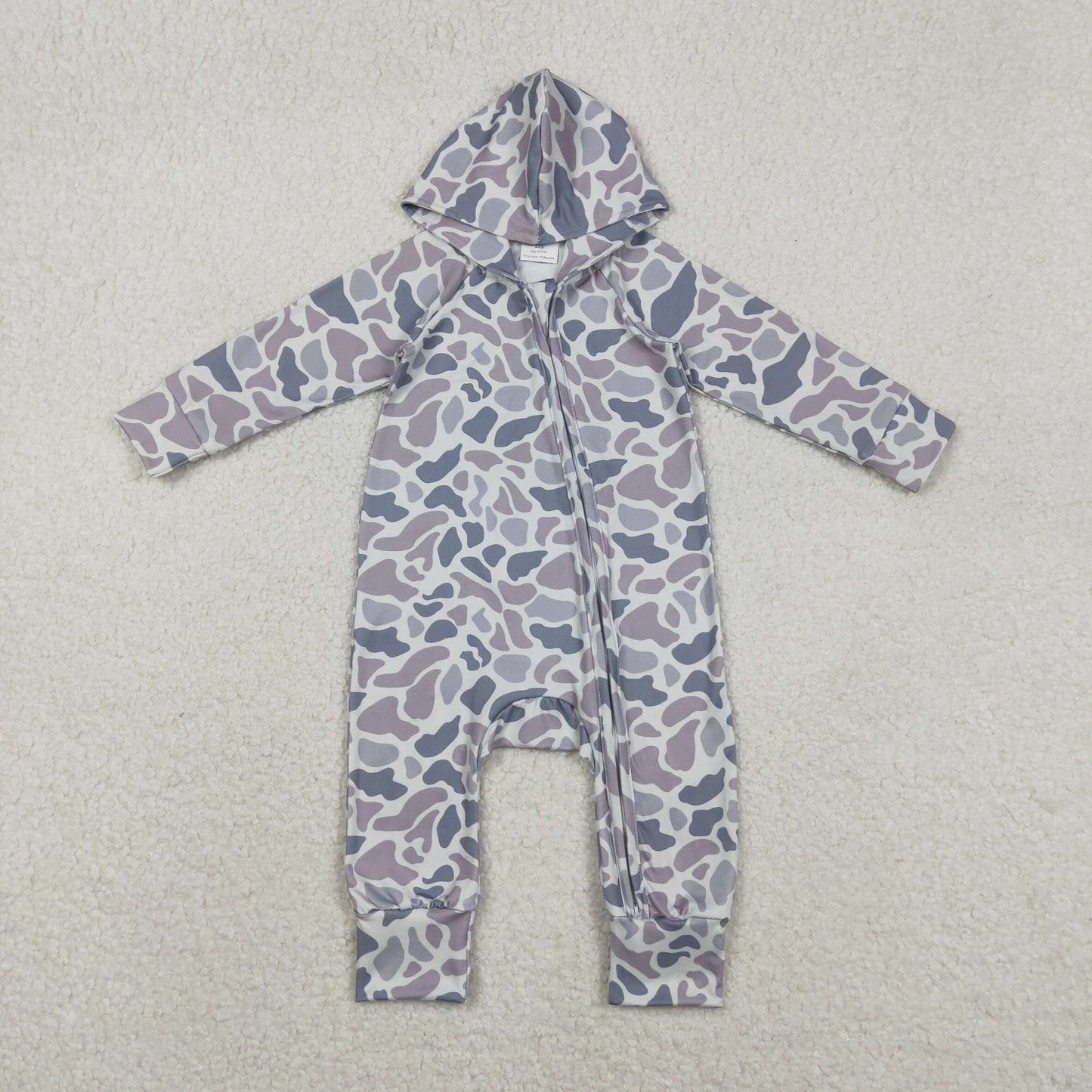 LR2813 Grey Camo Print Baby Boys Hoodie Zipper Romper