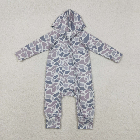 LR2813 Grey Camo Print Baby Boys Hoodie Zipper Romper