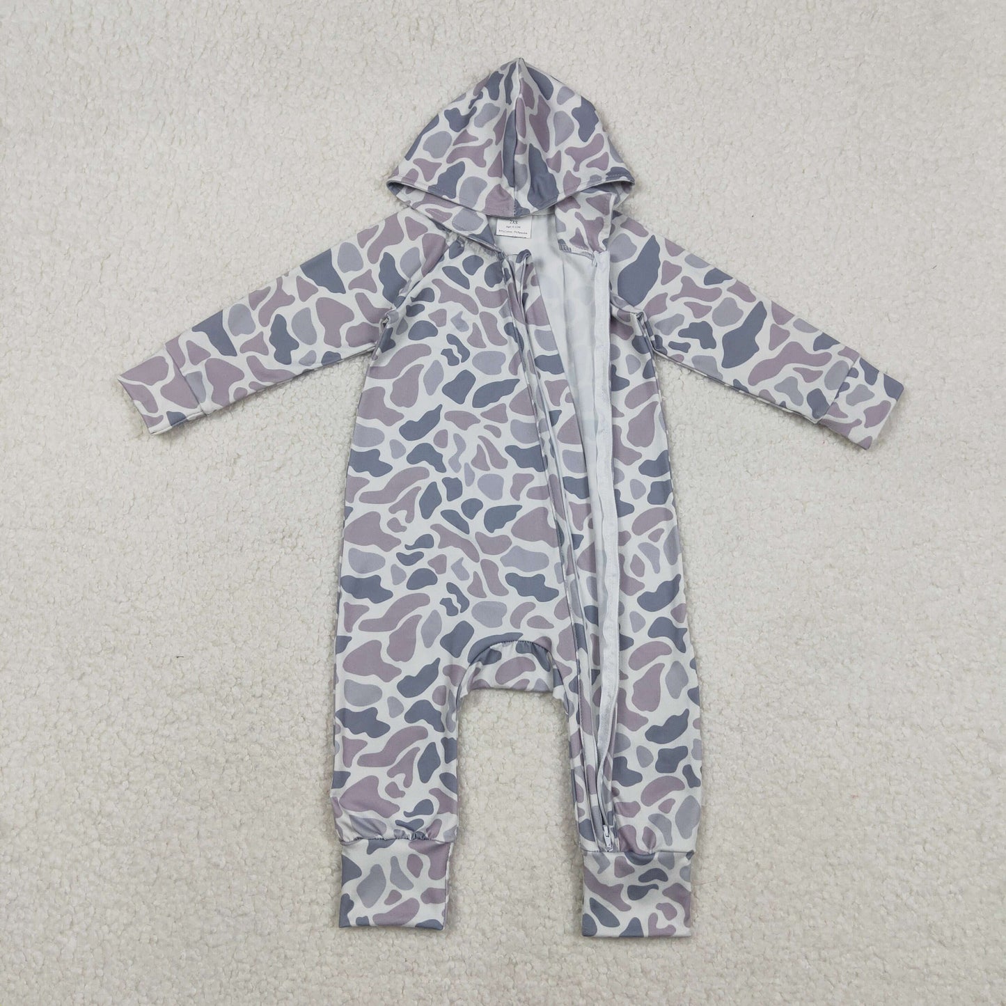 LR2813 Grey Camo Print Baby Boys Hoodie Zipper Romper