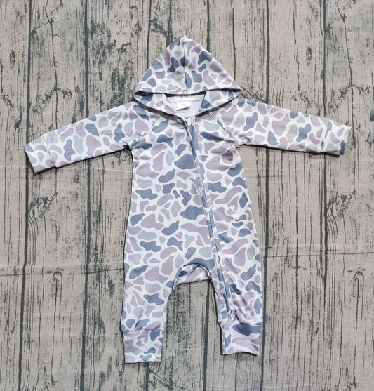 (Pre-order)LR2813 Grey Camo Print Baby Boys Hoodie Zipper Romper