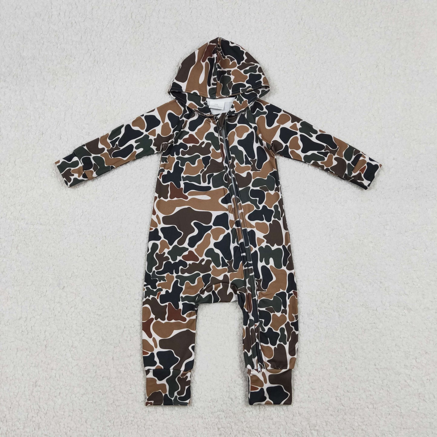 LR2815 Dark Brown Camo Print Baby Boys Hoodie Zipper Romper