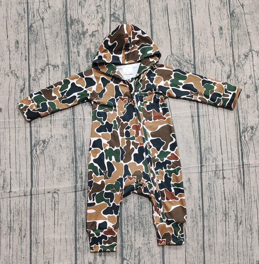 (Pre-order)LR2815 Dark Brown Camo Print Baby Boys Hoodie Zipper Romper