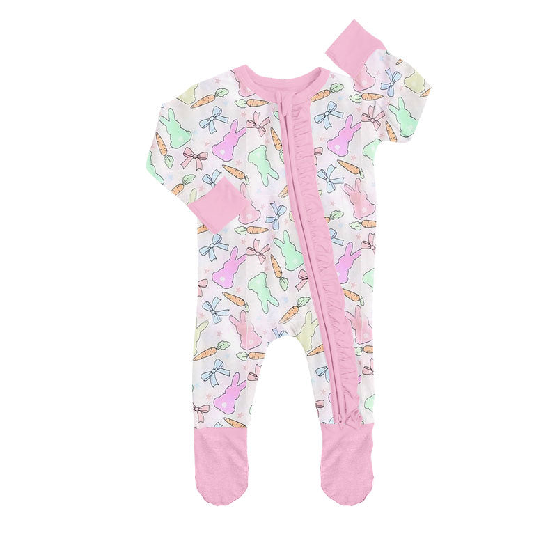 (Pre-order)LR2818 Colorful Bunny Bows Print Baby Girls Easter Zipper Sleeper Romper