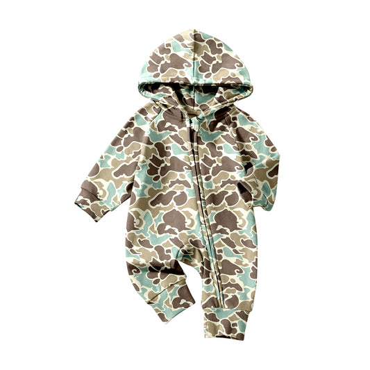 (Pre-order)LR2823 Green Brown Camo Print Baby Boys Hoodie Zipper Romper