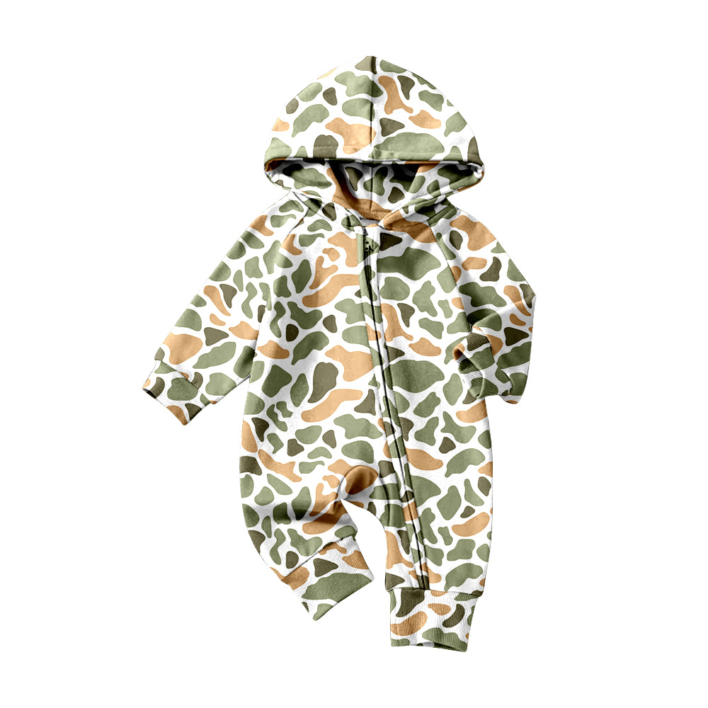 (Pre-order)LR2824 Green Orange Camo Print Baby Boys Hoodie Zipper Romper