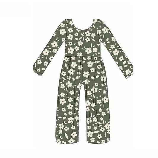 (Pre-order)LR2828 Dark Green Flowers Print Girls Pockets Jumpsuits