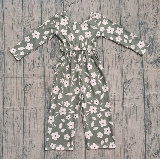 (Pre-order)LR2828 Dark Green Flowers Print Girls Pockets Jumpsuits