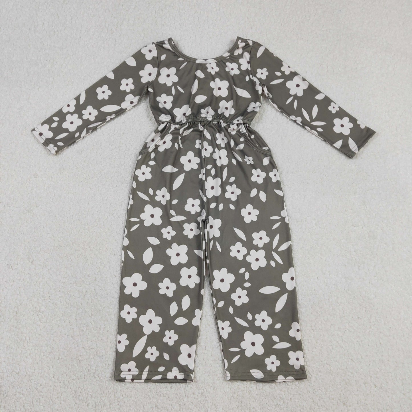 LR2828 Grey Flowers Print Girls Pockets Jumpsuits
