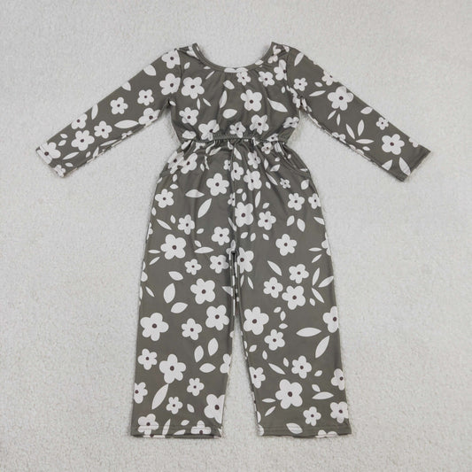 LR2828 Grey Flowers Print Girls Pockets Jumpsuits