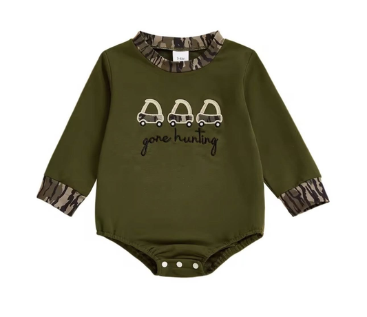 (Pre-order)LR2835 Go Hunting Trucks Camo Print Baby Boys Fall Romper