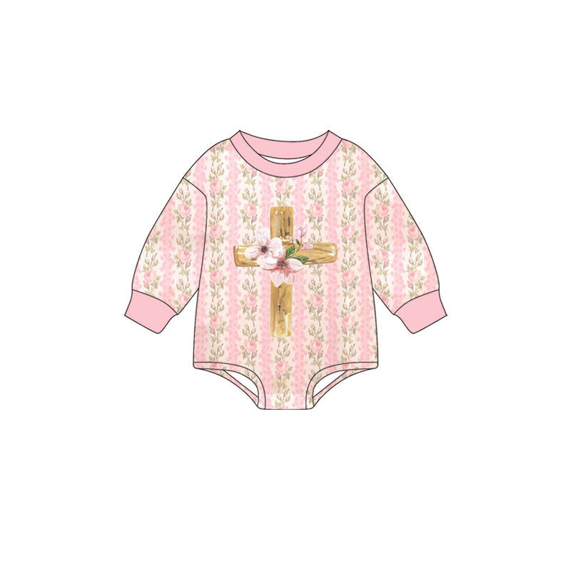 (Pre-order)LR2837 Cross Pink Flowers Print Baby Girls Easter Romper