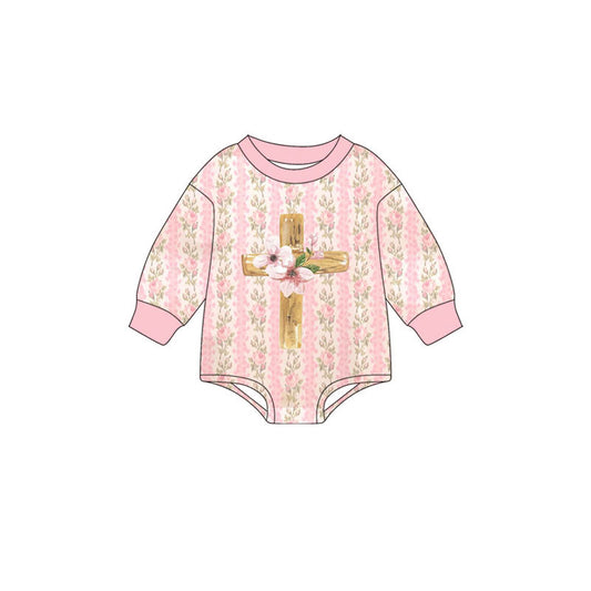 (Pre-order)LR2837 Cross Pink Flowers Print Baby Girls Easter Romper