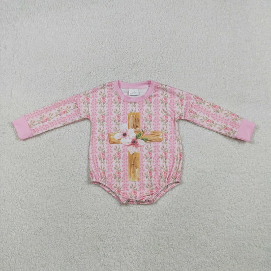 LR2837 Cross Pink Flowers Print Baby Girls Easter Romper