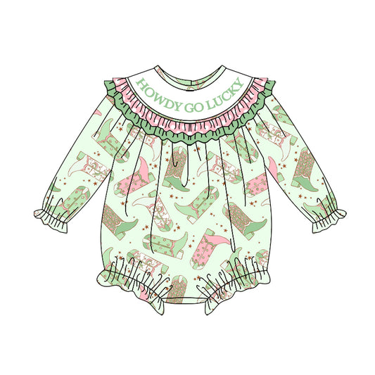 (Pre-order)LR2840 Howdy Go Lucky Boots Print Baby Girls St. Patrick's Day Romper