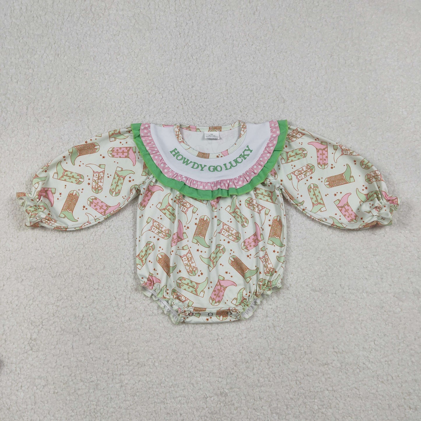 LR2840 Howdy Go Lucky Embroidery Boots Print Baby Girls St. Patrick's Day Romper