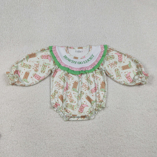 LR2840 Howdy Go Lucky Embroidery Boots Print Baby Girls St. Patrick's Day Romper