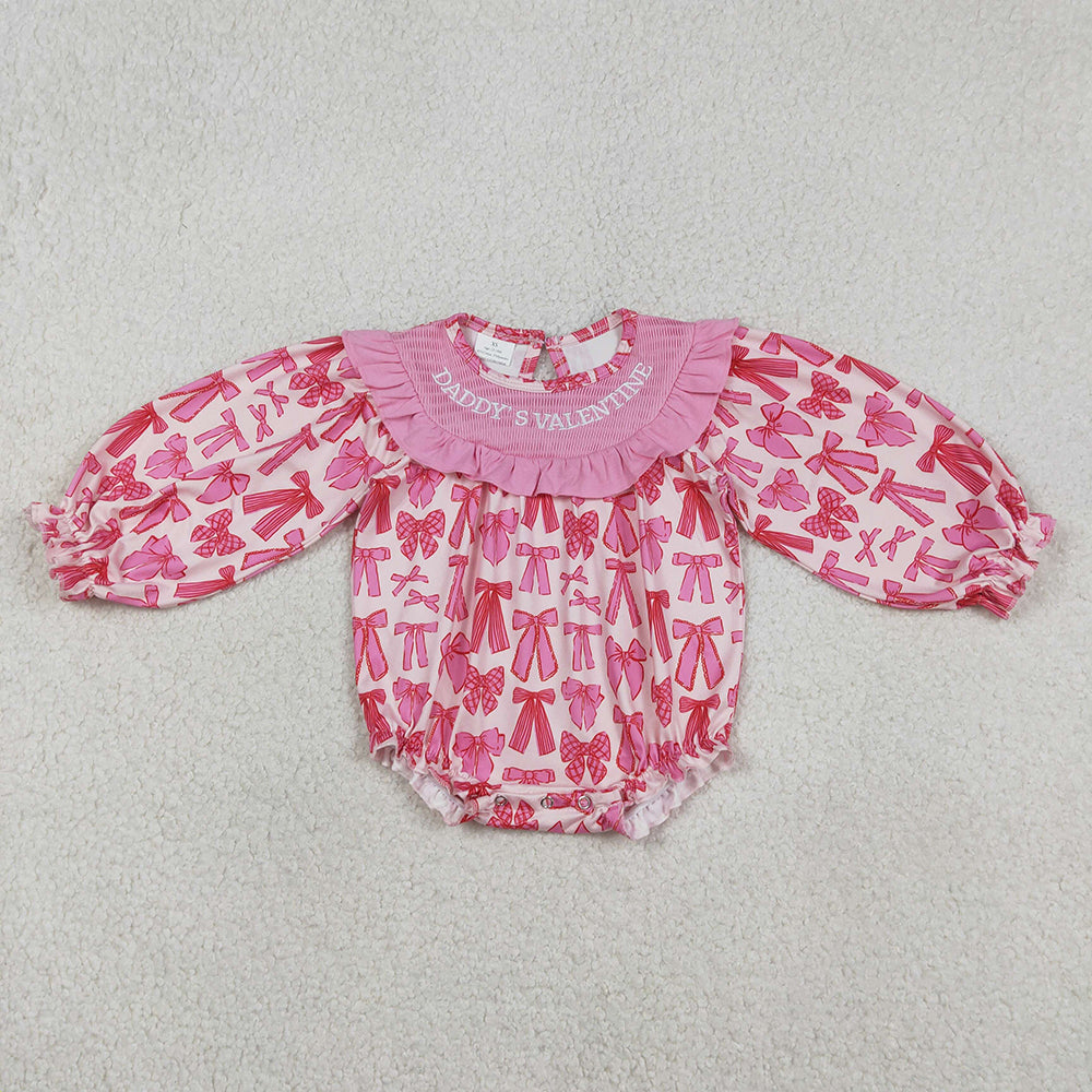 LR2842 DADDY'S VALENTINE Embroidery Pink Bows Print Baby Girls Valentine's Day Smocked Romper