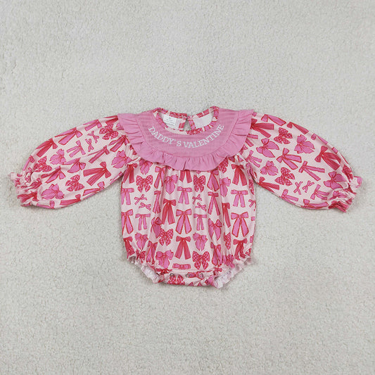 LR2842 DADDY'S VALENTINE Embroidery Pink Bows Print Baby Girls Valentine's Day Smocked Romper