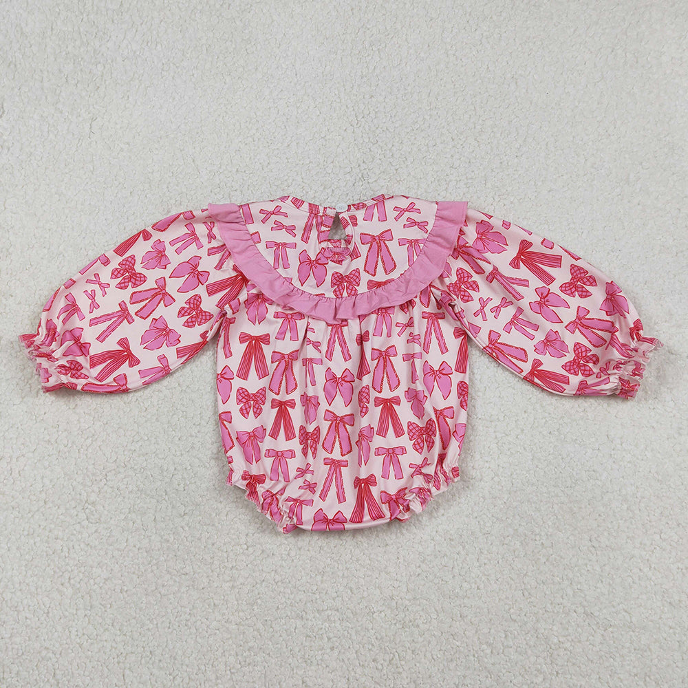 LR2842 DADDY'S VALENTINE Embroidery Pink Bows Print Baby Girls Valentine's Day Smocked Romper