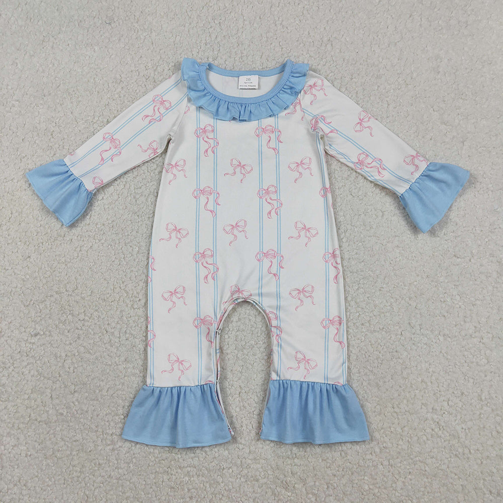 LR2845 Pink Bows Blue Stripes Print Baby Girls Ruffles Romper