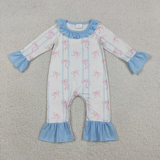 LR2845 Pink Bows Blue Stripes Print Baby Girls Ruffles Romper