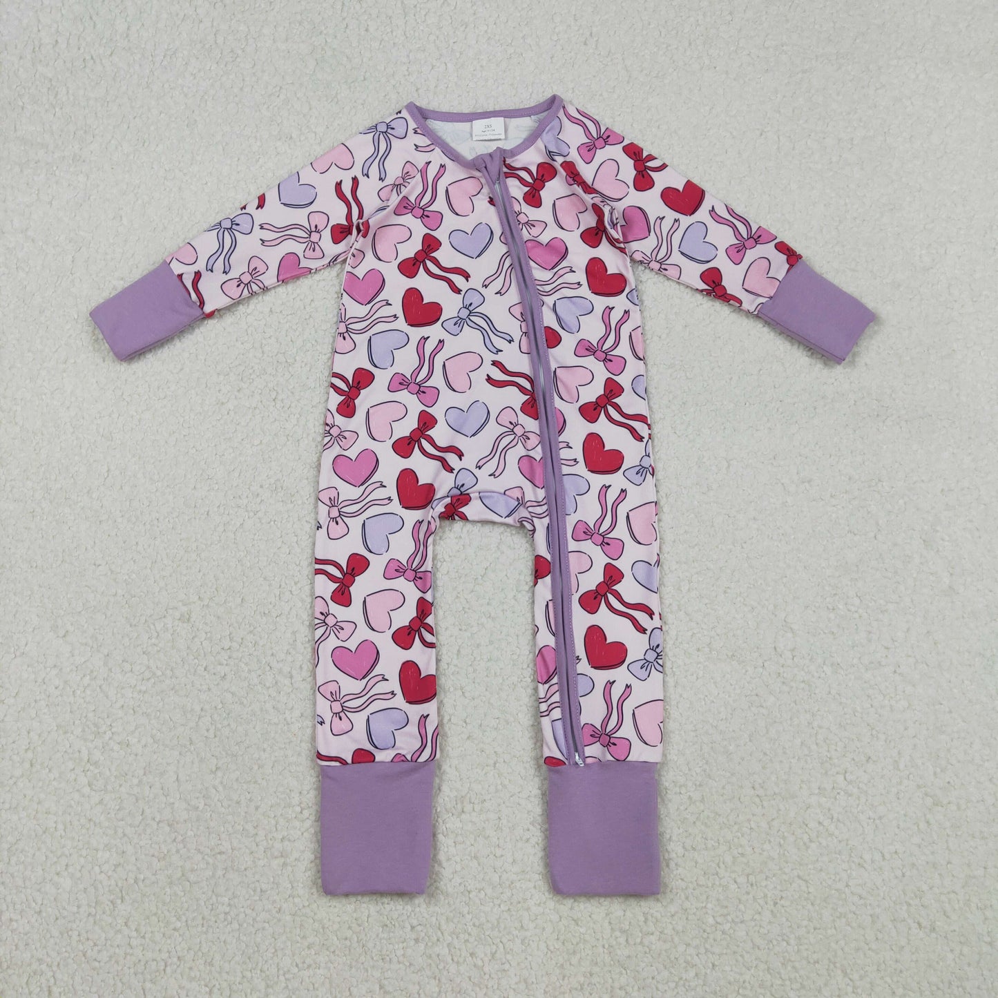 LR2883 Hearts Bows Purple Print Baby Girls Valentine's Day Zipper Sleeper Romper