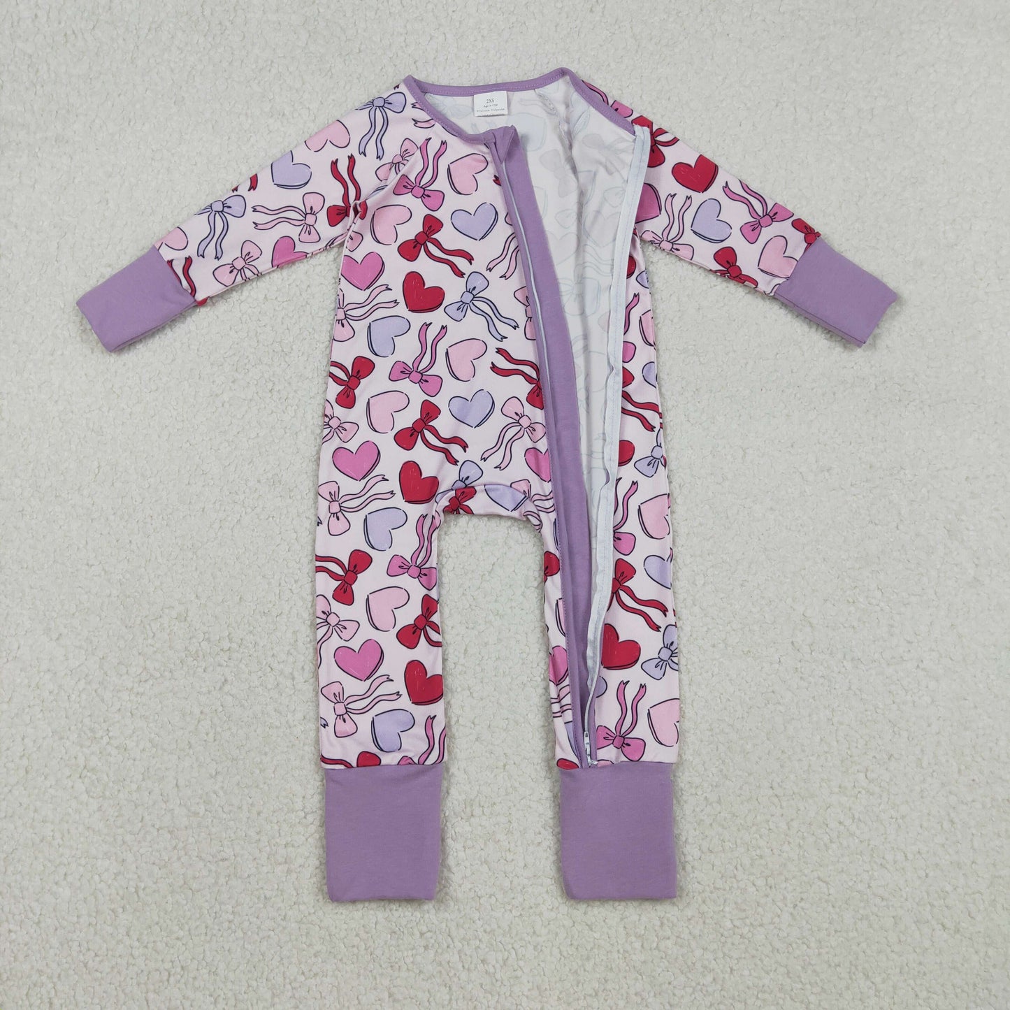 LR2883 Hearts Bows Purple Print Baby Girls Valentine's Day Zipper Sleeper Romper