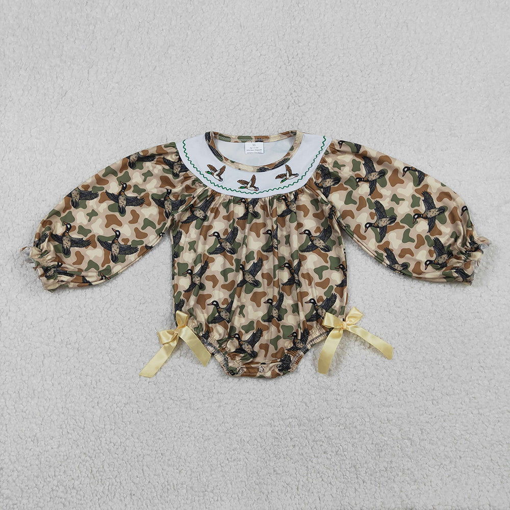 LR2896 Duck Embroidery Green Brown Camo Print Baby Girls Long Sleeve Bubble Romper