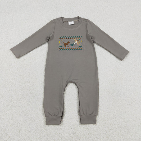 LR2909 Duck Dog Embroidery Grey Baby Boys Hunting Romper