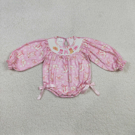 LR2938 Boots Hat Flowers Bows Embroidery Flowers Baby Girls Western Smocked Romper