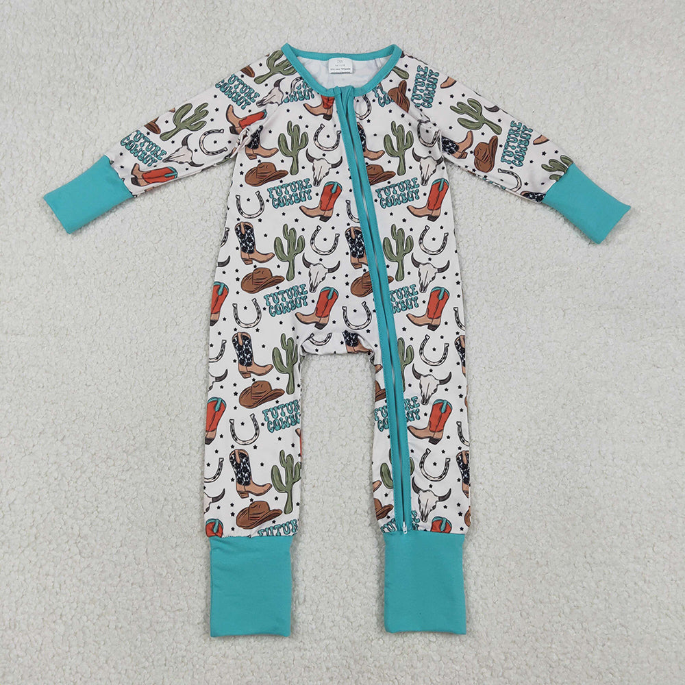 LR2944 Cowboy Boots Hat Cactus Print Baby Boys Western Zipper Sleeper Romper