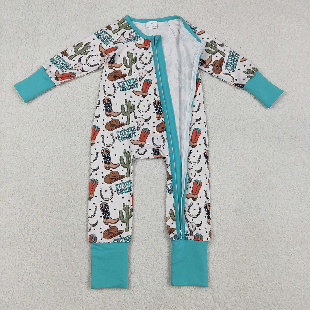 LR2944 Cowboy Boots Hat Cactus Print Baby Boys Western Zipper Sleeper Romper