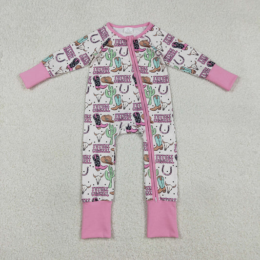 LR2945 Cowgirl Boots Hat Cactus Print Baby Girls Western Zipper Sleeper Romper