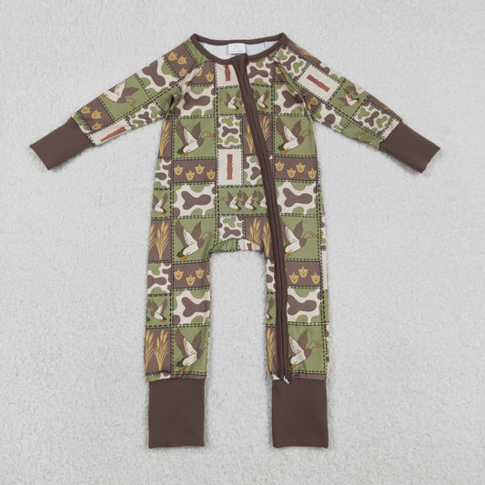 LR2949 Duck Green Camo Plaid Print Baby Boys Hunting Zipper Sleeper Romper
