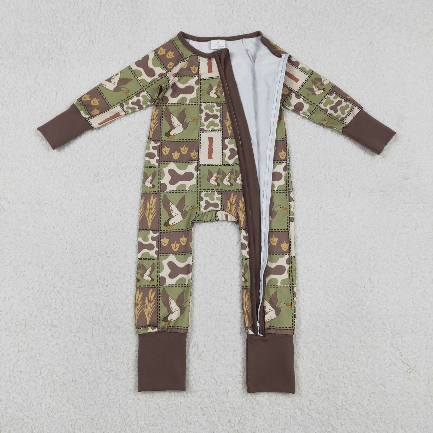 LR2949 Duck Green Camo Plaid Print Baby Boys Hunting Zipper Sleeper Romper